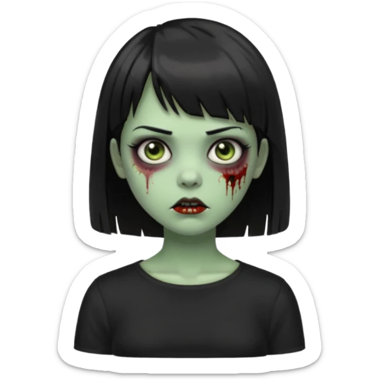 Zombie girl emoji verde com cabelo curto liso preto no ombro e franja na altura da sobrancelha com uma blusa preta sticker