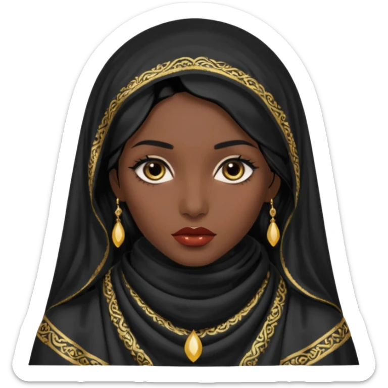 Apariencia: Mujer joven, morena, de gran belleza y porte misterioso.
-Rostro: Ojos grandes y negros, mirada intensa y fija; labios marcados.
-Cabello: Negro, largo y brillante, suele ir cubierto parcialmente por un velo o pañuelo oriental. sticker