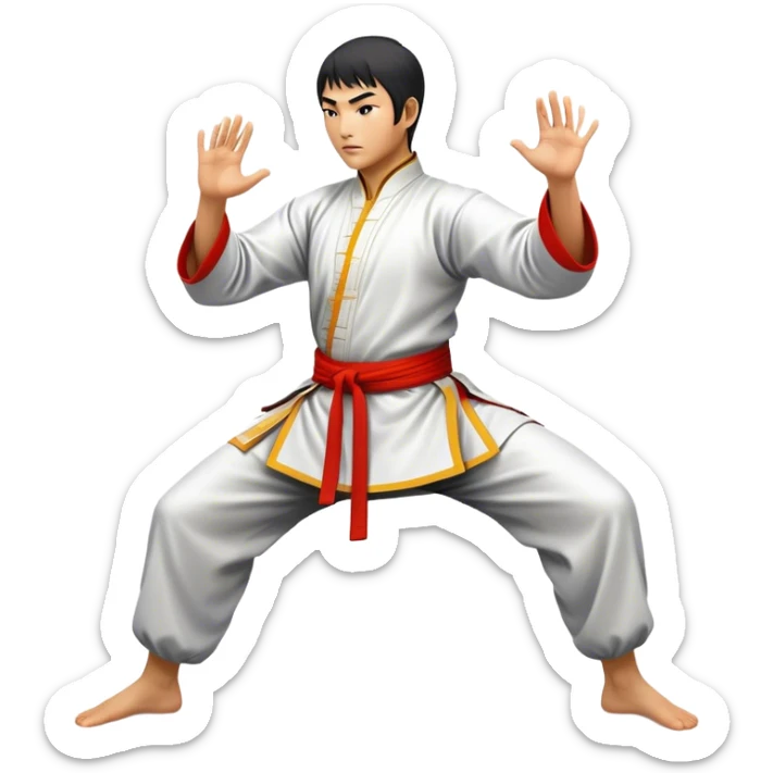 Cinematic Realistic Kung Fu Action Emoji, depicted as an epic martial arts scene with a master executing a precise move in traditional attire, rendered with fluid motion and vibrant textures under dramatic high-contrast lighting. sticker