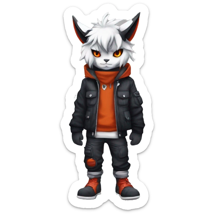 Cool Anthro Absol-Litten-Lynx-Pokémon with edgy stripes hoodie spiked collar punk techwear Cargo Pants Full Body sticker