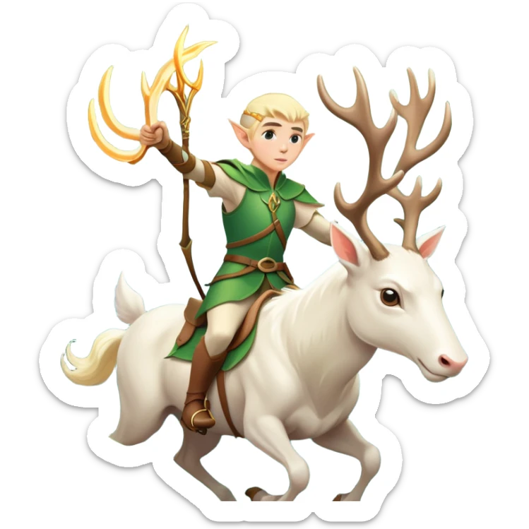 clash-of-clans-aesthetic-blond-male elf-archer-portrait-emoji, rendered in a flat, vector-style with minimal shading and bold, simplified shapes, head tilted slightly forward with a determined, focused expression, riding a majestic white stag whose antlers glow with mystical energy, set against an ancient, enchanted forest backdrop. sticker