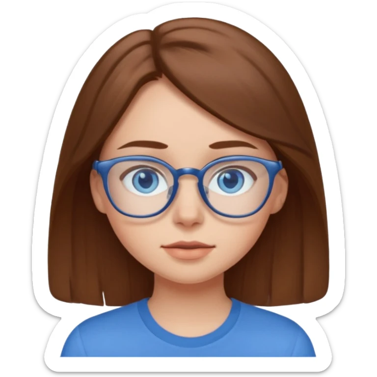 a brown haired girl with blue eyes and glasses with blue shirt that says crush sticker