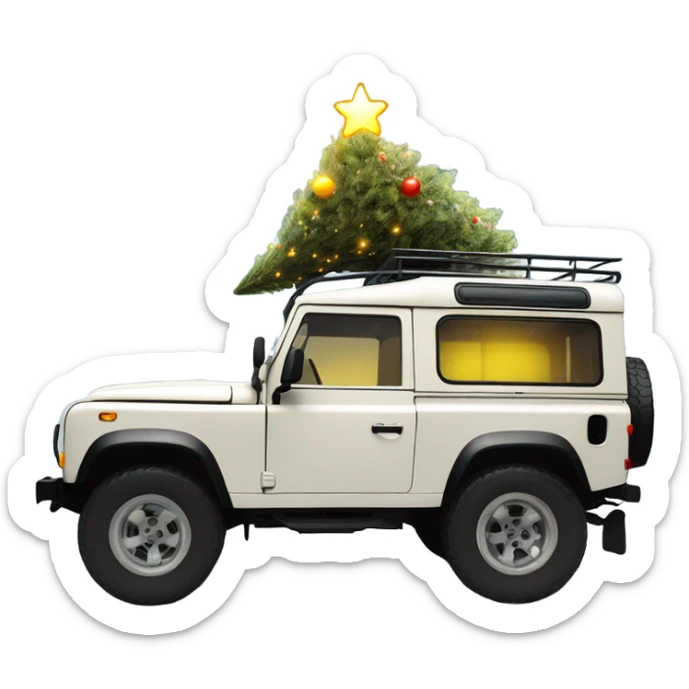 Side picture Off white old defender jeep with Christmas tree on the roof with Christmas lights, very small yellow lights  sticker