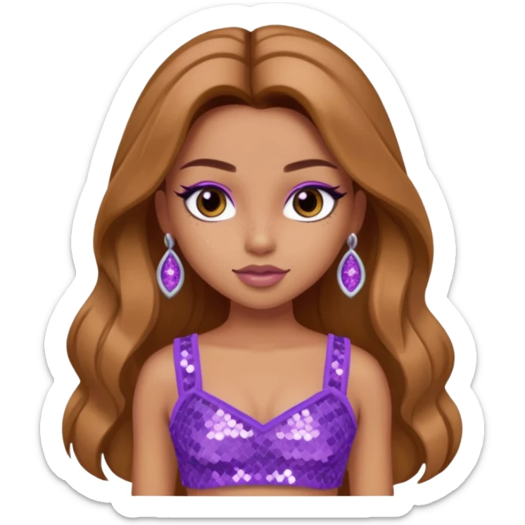 Yasmin from Bratz with long light brown hair, tan skin, brown eyes, lilac sequin crop top sticker