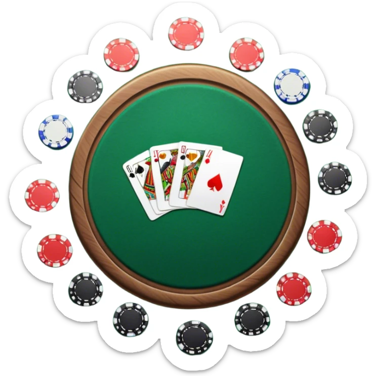 A photorealistic icon with playing cards and poker chips on a round green felt table. Detailed design with realistic lighting and textures, focusing on the classic atmosphere of card games. Transparent background, symbolizing card games and strategy. sticker