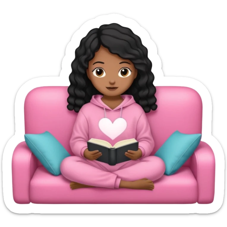 Una chica linda de cabello negro con ondas hasta los hombros de piel blanca con una sudadera rosa en un sofá cómodo y hermoso leyendo la biblia sticker