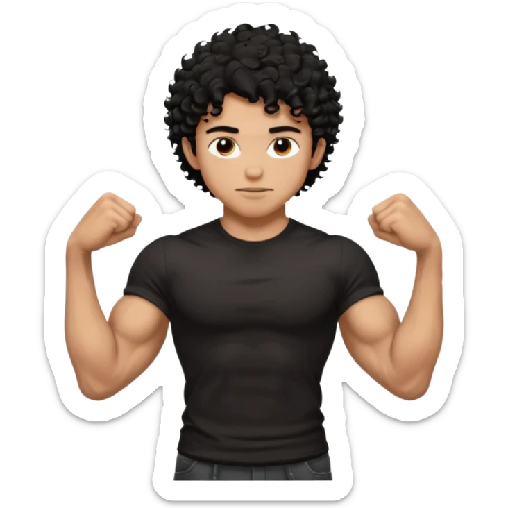 muscular teen boy with veiny hands arms and biceps. has messy black curly hair with dark-tan skintone with black tshirt sticker