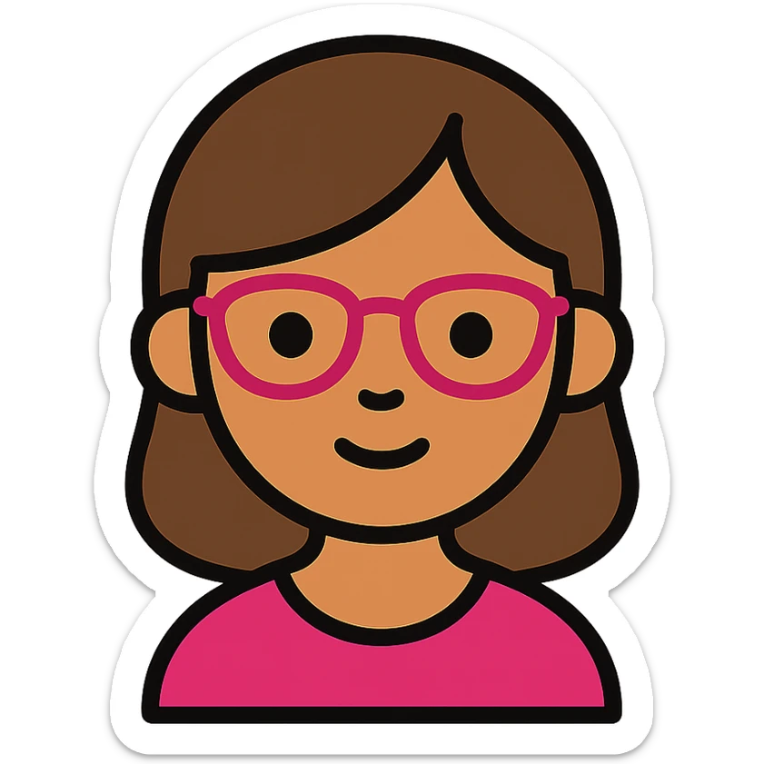 girl with medium brown hair and brown eyes, wearing pink glasses, simple flat icon style sticker