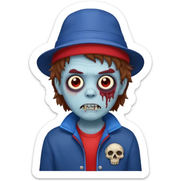brown fluffy hair zombie with blue and white hat dark blue jilet red t shirt sticker