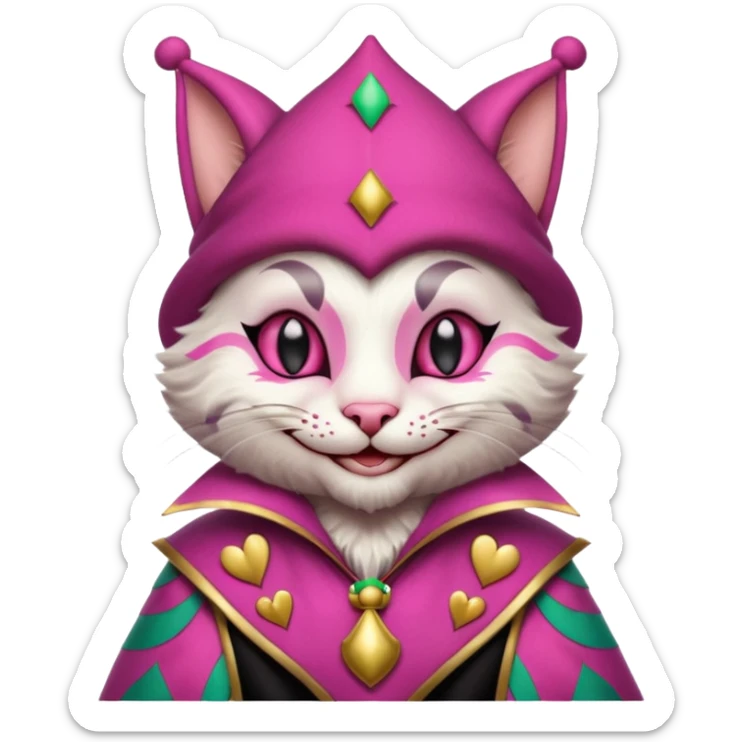 court jester cat medieval, single poker card joker clearly visible, pink, face only sticker
