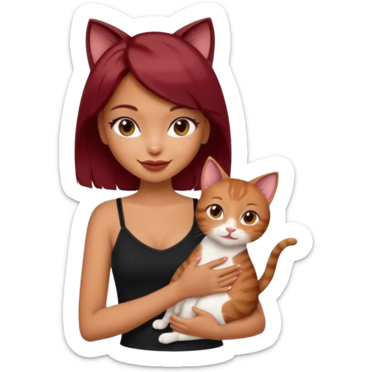 generate a pretty bratz girl with short dark red hair holding a cat smiling. Wearing a black cami sticker