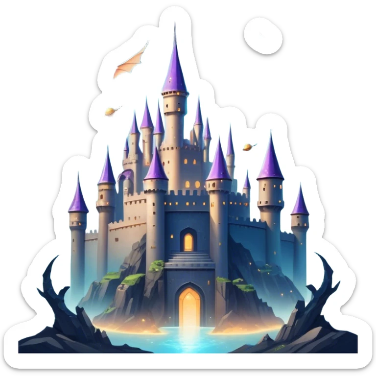Icon for Fantasy and Sci-Fi Movies: A magical collage with flying dragons. futuristic spaceships and UFOs. Stars and planets shimmer in the background with a mystical castle Hogvards an ancient wizard and robots. The atmosphere is epic, otherworldly and adventurous. Transparent background. sticker