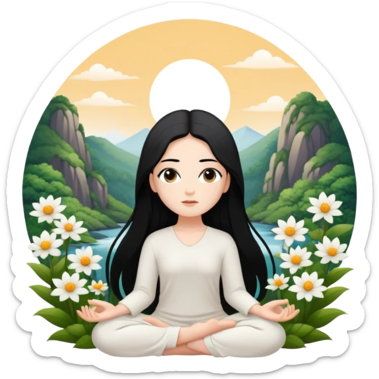 crea un chica blanca con cabello negro largo bonita de ojos marrones vestida de blanco conectando con la naturaleza rodeada de flores meditando  sticker