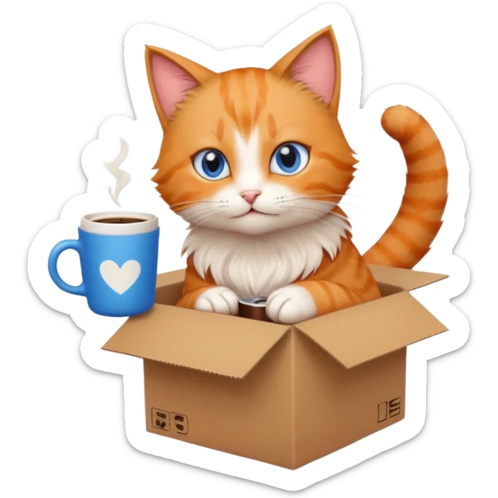 anime character cat that is orange cat, that its body is inside of a brown box. cats eyes are blue , but head is howing up. coffee cup is white sticker