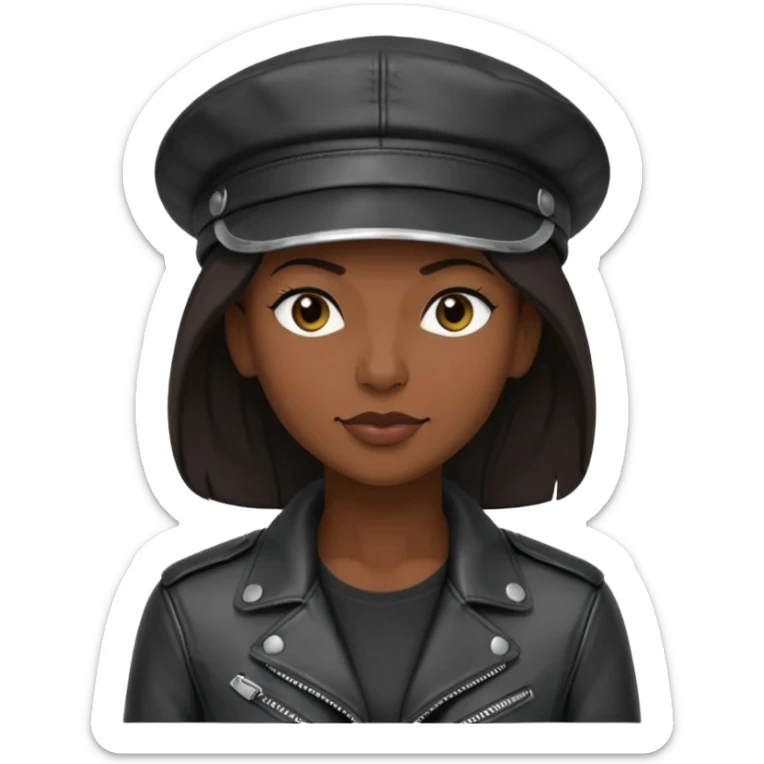 a leather Dom lesbian woman in her 40s with a black leather cap and black leather jacket sticker