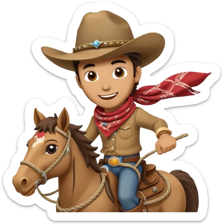 clash-of-clans-aesthetic_-cinematic-playful-cowboy-portrait-emoji, head-tilted with a roguish, cheeky grin and twinkling eyes, featuring a rugged, spirited build with a wide-brimmed cowboy hat and a rugged bandana, tan skin-tone, riding a galloping horse with reins in one hand and a lasso in the other, dust trailing behind. sticker