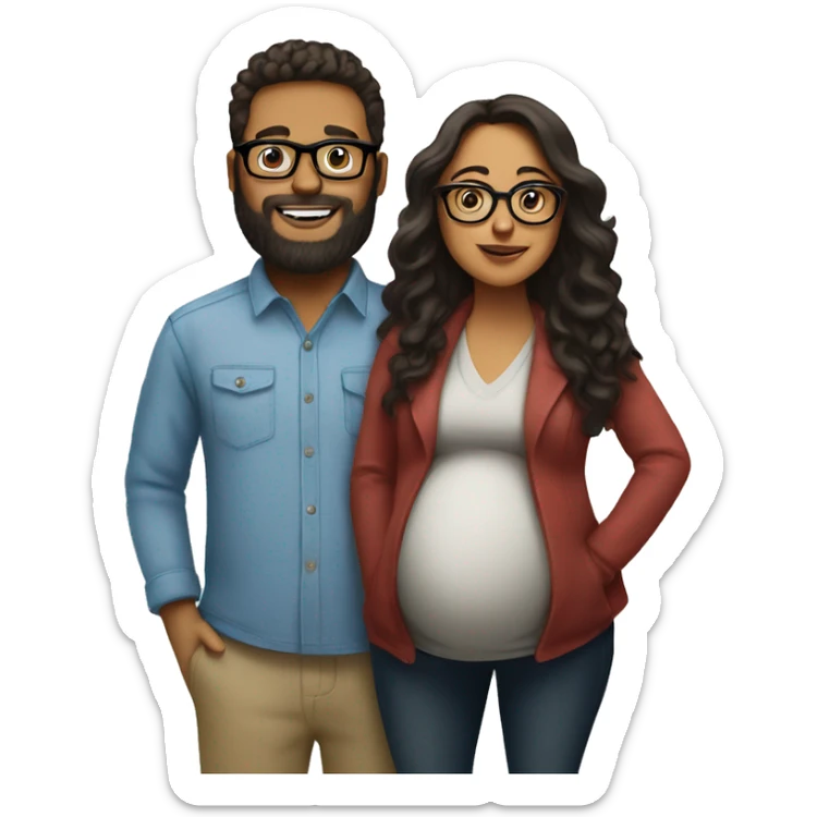 pregnancy announcement, latina woman with glasses standing with white male with glasses and beard  sticker