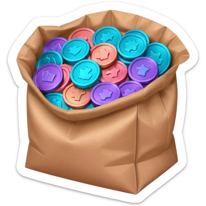 coins in gradient of turquoise, blue, pink, purple, and coral color inside a brown bag sticker