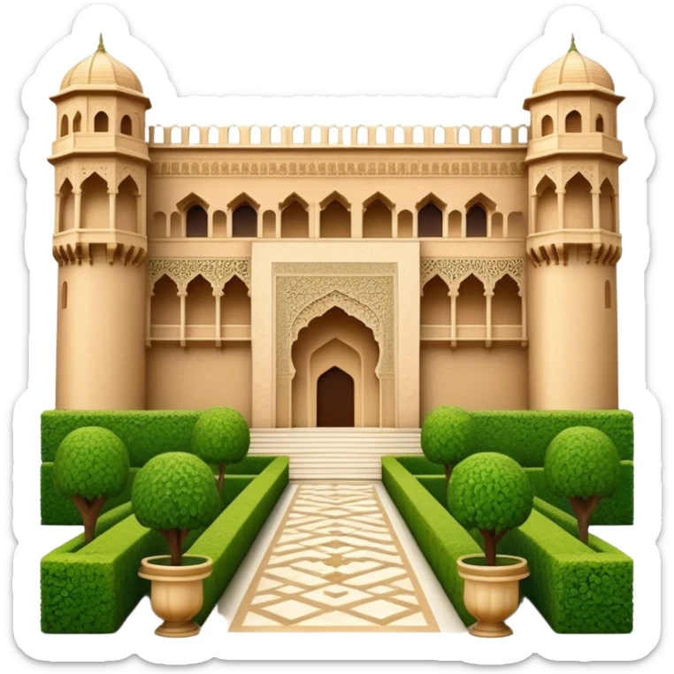 Cinematic Realistic Alhambra Landmark Emoji, showcasing the ornate historic palace with lush gardens rendered with rich textures and soft, majestic lighting. sticker