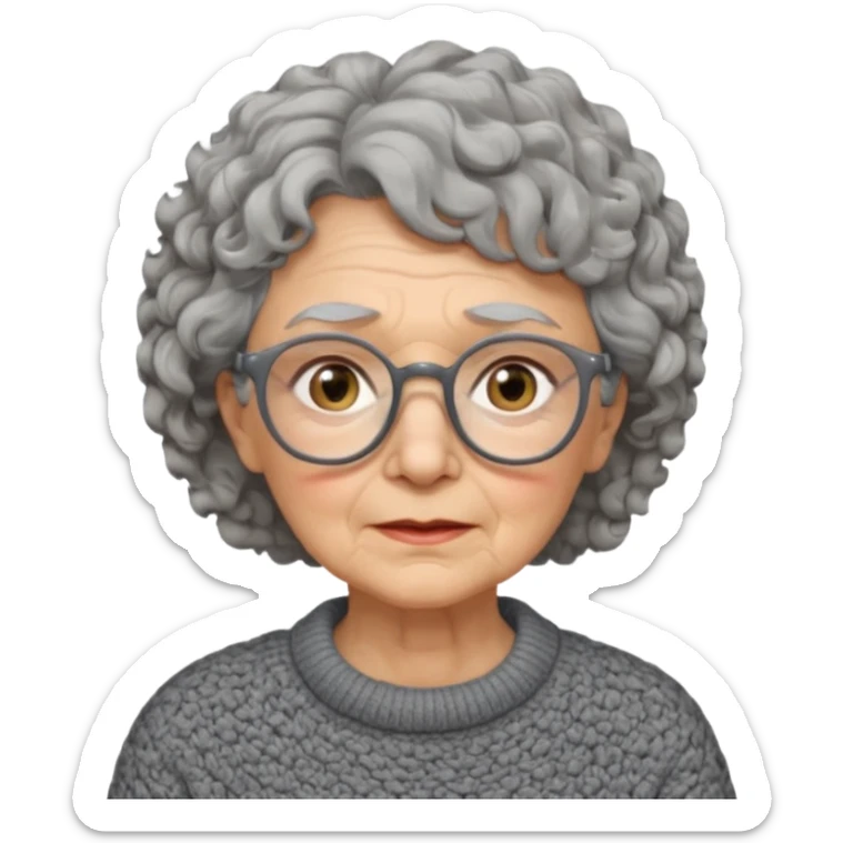Old woman, solemn, wearing glasses and sweater, short curly hair sticker
