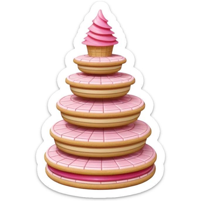 3D render of Wafer Tower, made entirely of dessert materials, glistening sugar crystal texture, grid-patterned beige cookie with pink cream filling, delicious confectionery aesthetic, Apple emoji style, isolated on white background --v 6.0. sticker