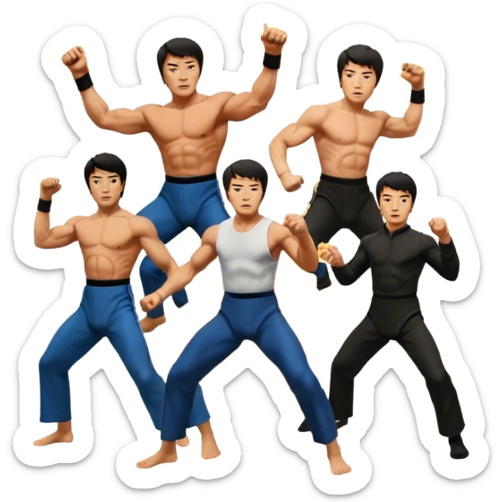 Icon for Action Movies: Collage of Arnold Schwarzenegger, Sylvester Stallone, Bruce Lee and Jackie Chan in iconic action poses, surrounded by explosions, weapons, and martial arts moves. The design should capture the high-energy, dynamic nature of their films. Transparent background. sticker