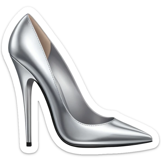 A pair of high heel shoes emoji made of polished silver chrome, elegant sharp silhouette, smooth metallic surface, glossy reflections, luxury sexy vibe, minimalistic iOS emoji style, centered, clean white background sticker