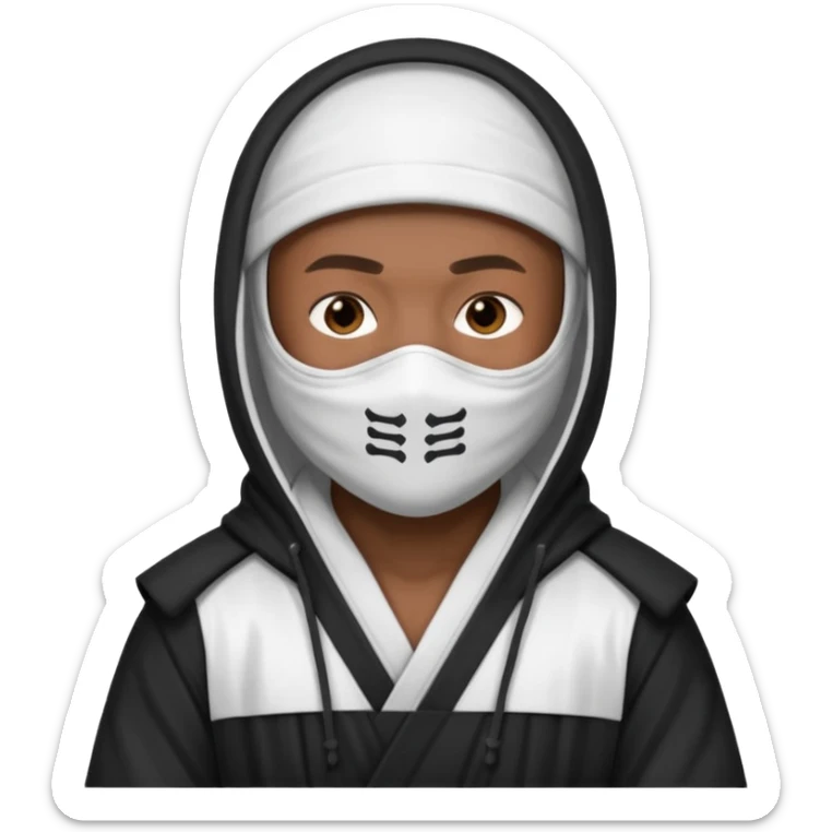 All white ninja robe with white ski mask to cover face and neck with a hoodie on and dark brown skin color sticker