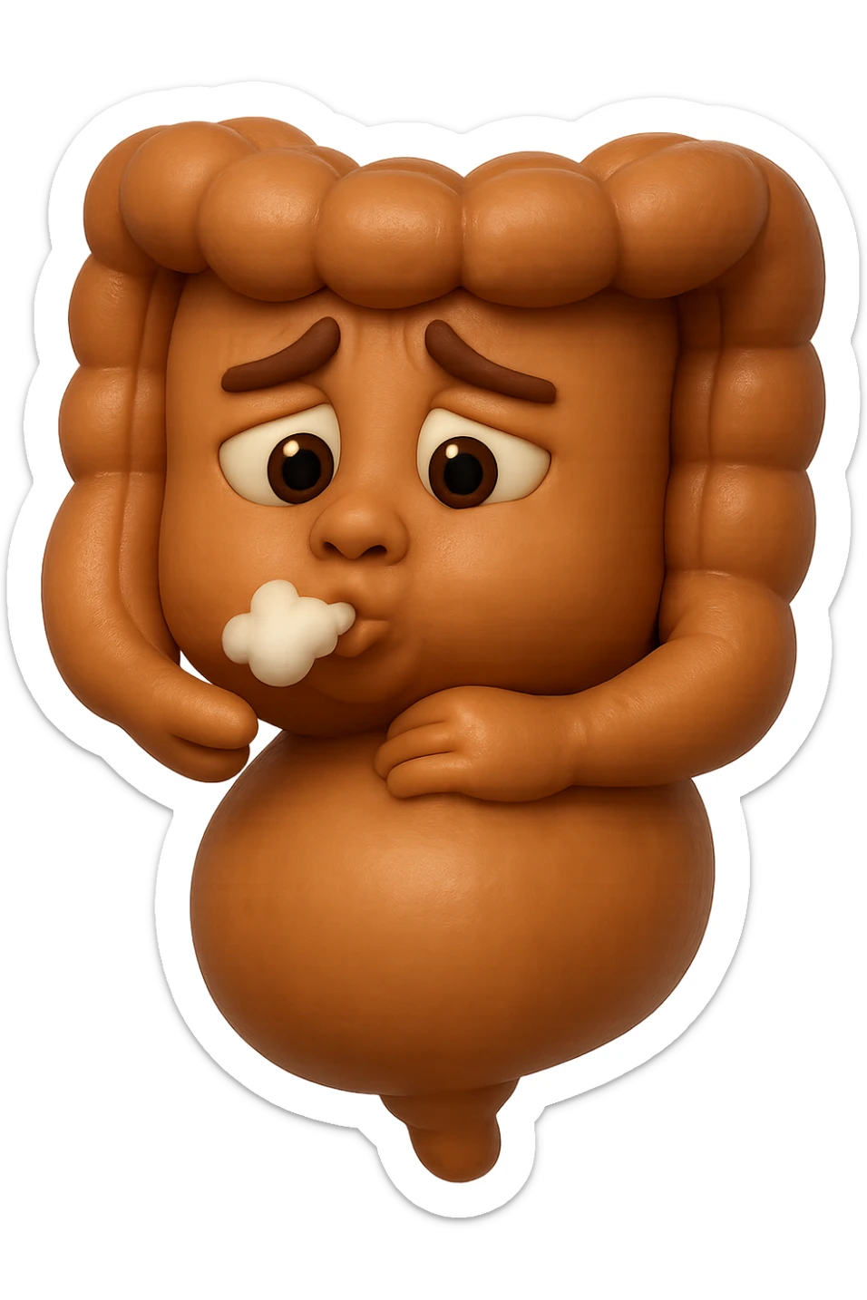 emoji stile iphone di un intestino che ingoia una nuvoletta di aria ben visibile e gli si gonfia la pancia, non fargli il naso, iperrealistico 4k sticker