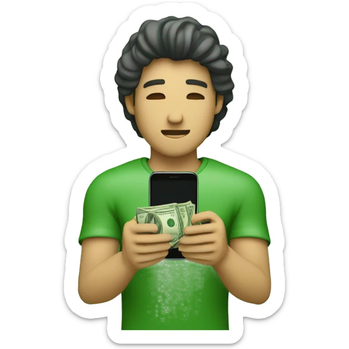 a man that in this right hand holds money and its other hand holds a phone and he is holding his hands up like praying and at top of his head is an texture of an app and the money color green sticker