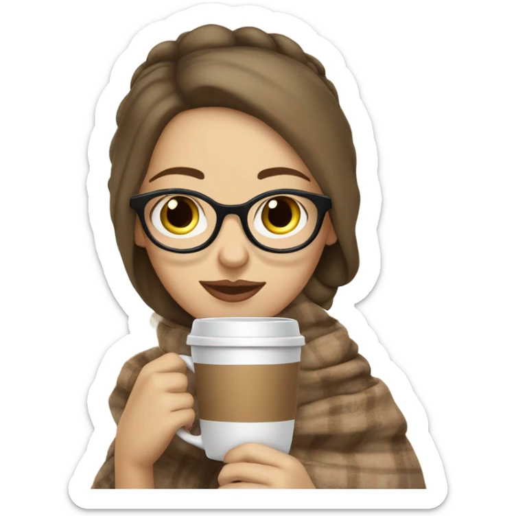 White brunette girl sipping a cappuccino covered in a blanket with glasses and a ponytail sticker