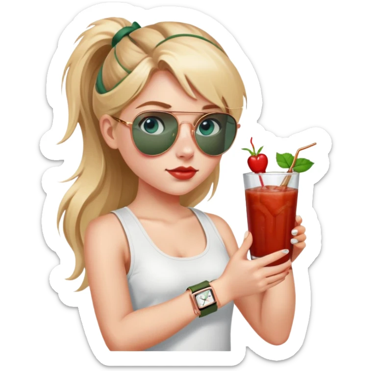 girl with long blond pigtailed hair
with blue eyes
and aviator sunglasses
wearing white tank top 
holding bloody mary
wearing (rose gold apple watch with forest green band) sticker