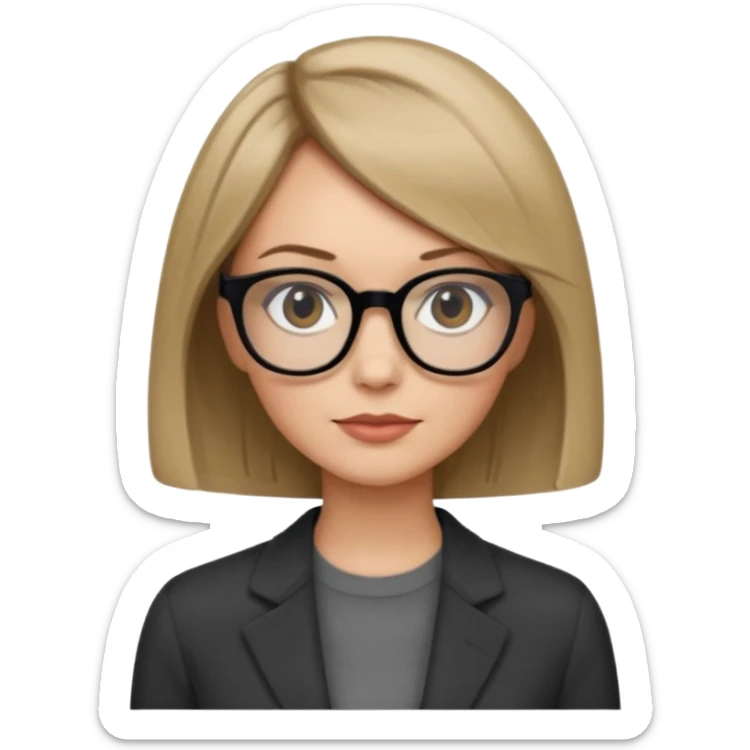 woman dark blonde petite bob haircut wears dark squarish glasses, classic clothes sticker