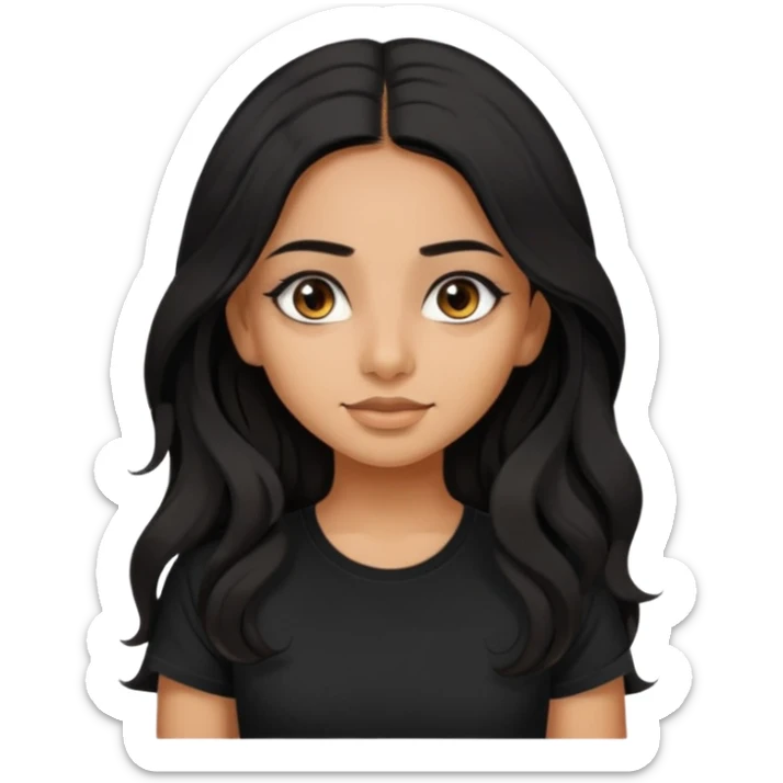 a pretty tan indian bratz girl. eyeliner on, wearing a black tshirt. wavy long BLACK coloured hair sticker