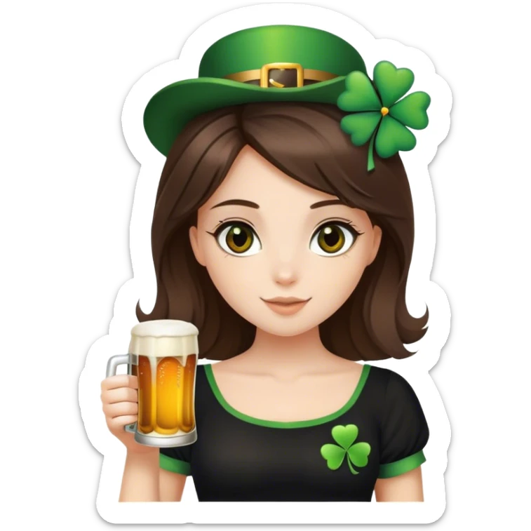 brown eyes brunette hair down girl black top holding a beer make her st. pattys themed sticker