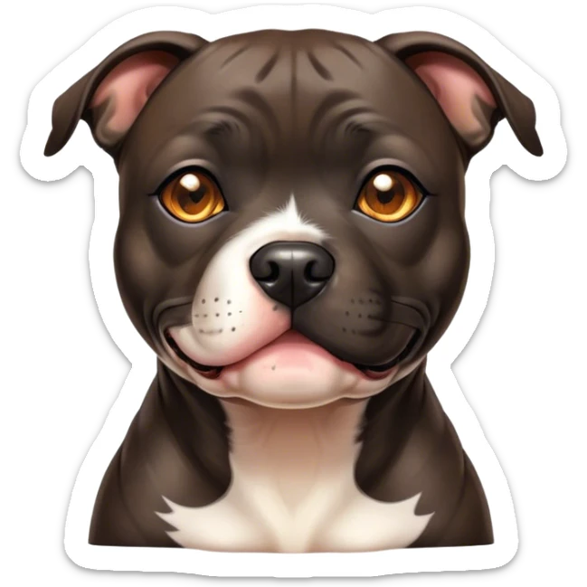 Cinematic Cute Black/Brindle Staffordshire Bull Terrier Portrait Emoji, Head tilted playfully and inquisitively, featuring a glossy Fur with a dynamic mix of black and brindle, round, sparkling dark eyes filled with curiosity, Simplified yet irresistibly adorable features, highly detailed, glowing with a warm, friendly glow, high shine, affectionate and spirited, stylized with a touch of whimsy, bright and endearing, soft glowing outline, capturing the essence of a mischievous yet loving pup, so playful it feels like it could bound out of the screen and into your arms! sticker