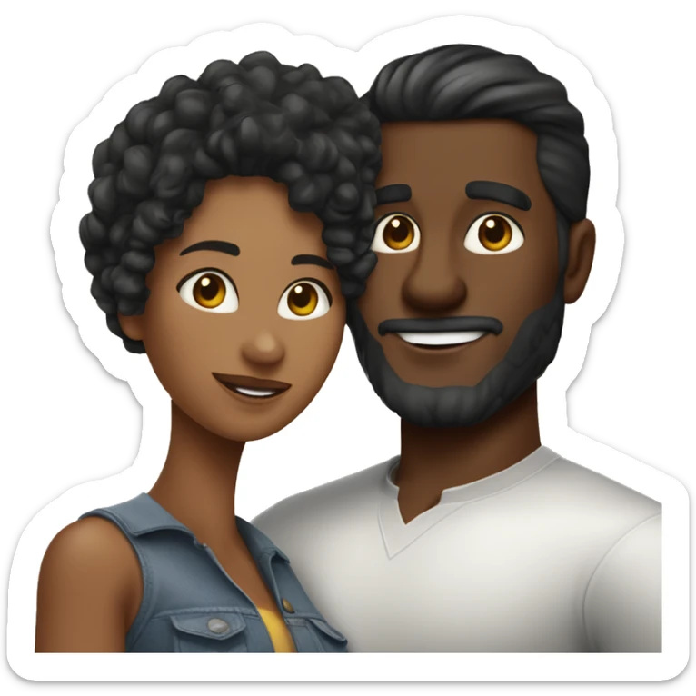 Pareja de un chico de pelo negro liso y corto y de piel moreno, y una chica de piel blanca con el pelo negro largo y ondulado haciéndose un selfie sticker