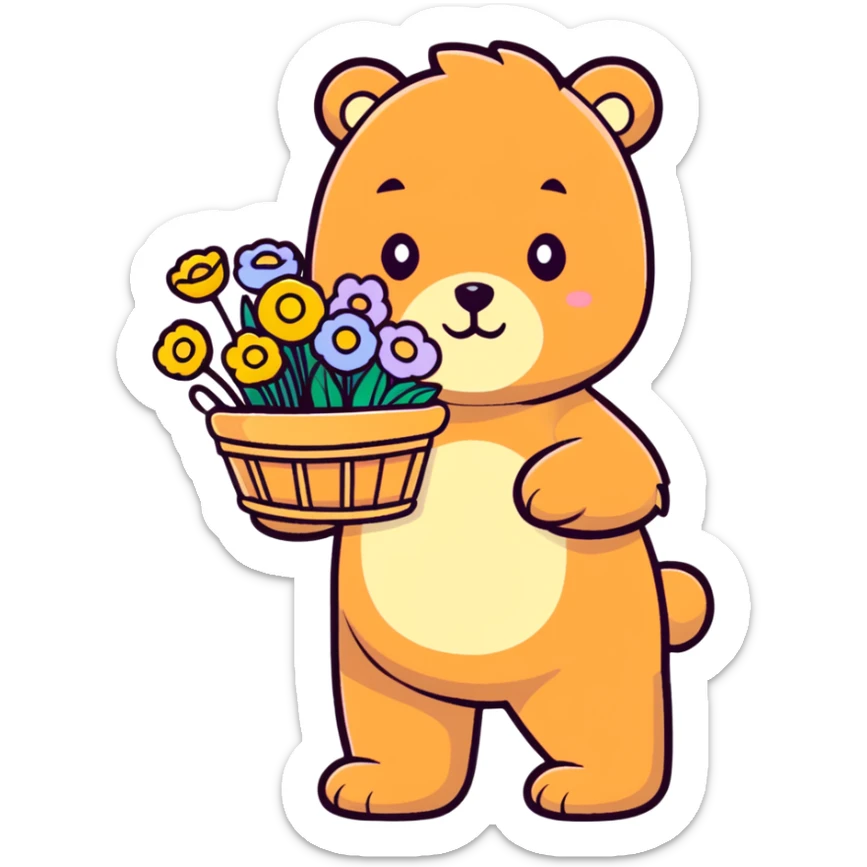 bear carrying a basket of wildflowers, soft pastel brown and cream, cartoonish sticker style sticker