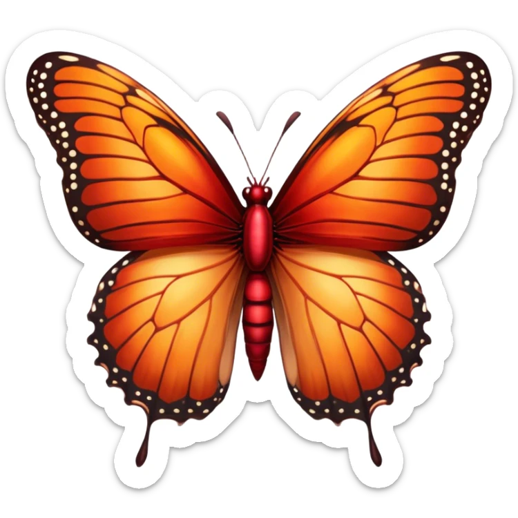 Cinematic Realistic Noble monarch Butterfly Portrait Emoji, Poised and elegant, with delicate, translucent wings rendered in rich ruby and scarlet hues, a slender, graceful body with intricately detailed textures, and soft, reflective eyes, illuminated by natural light, high shine, intelligent and regal, styled with an air of refined natural splendor, focused and attentive, soft glowing outline, capturing the essence of a watchful and confident monarch butterfly that appears to emerge majestically from the screen! sticker