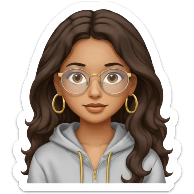 Make a girl with dark brown wavy hair and brown eyes she's tan latina and she has clear glasses and small hold hoop earings make her hair longer and her a hoodie sticker