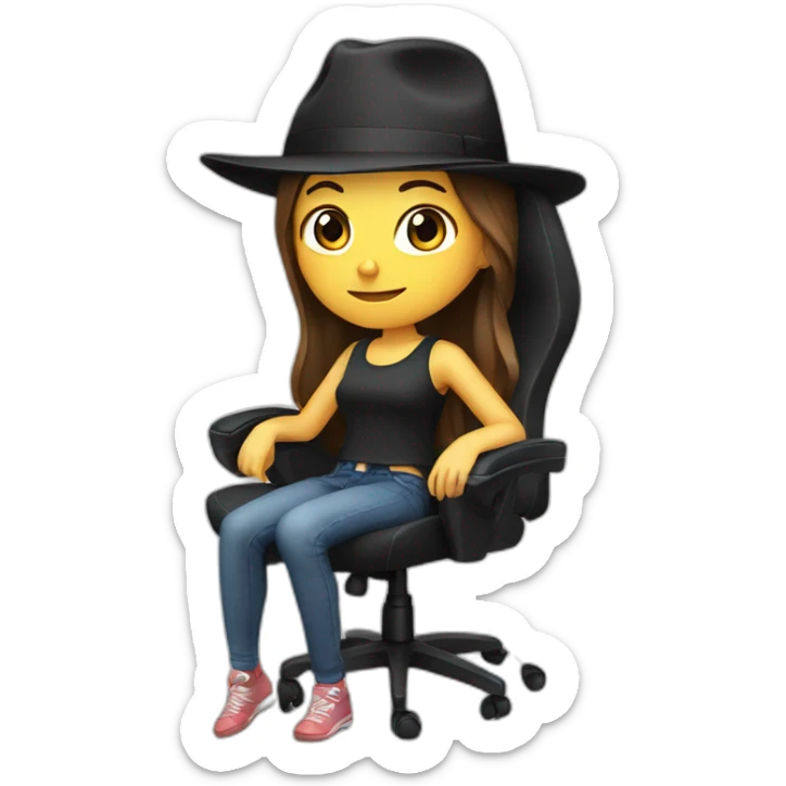 girl with brown hair sitting on a gaming chair, wearing a black hat sticker