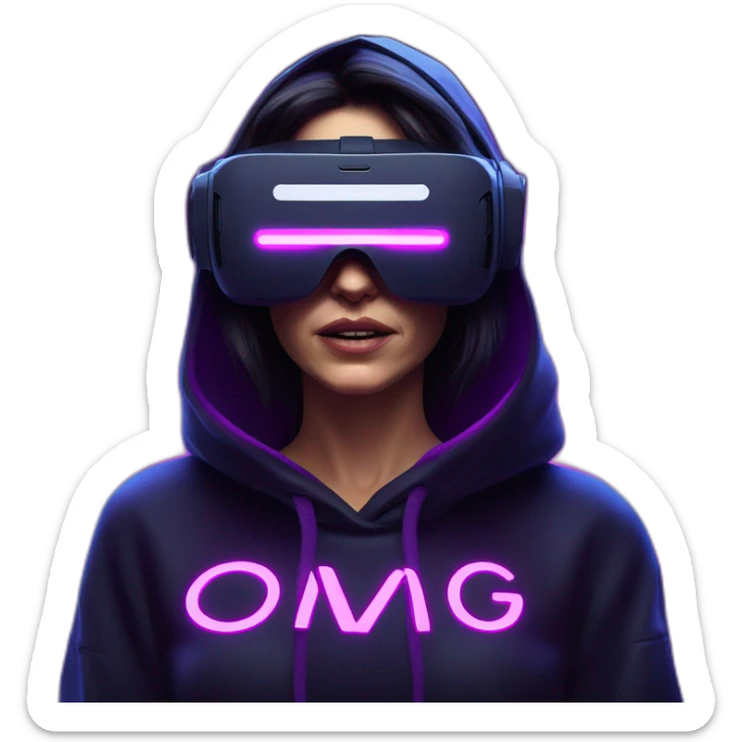 Cathie Wood wearing a black hoodie with "OMG" letters on it and VR headset in a cyberpunk VR environment with violet neon lighting. sticker