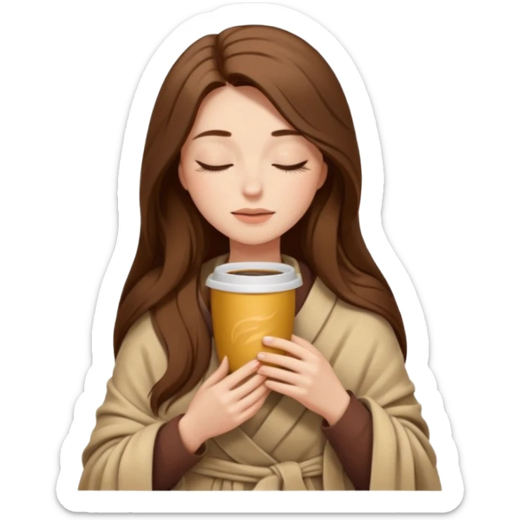 long brown hair woman closed eyes with beige blanket on her head, holding cup of coffee, autumn mood sticker