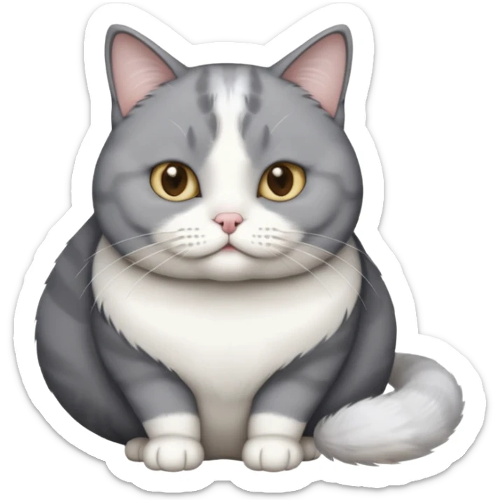 Gray and white tuxedo cat that is fat with white on top of tail and white on nose sticker