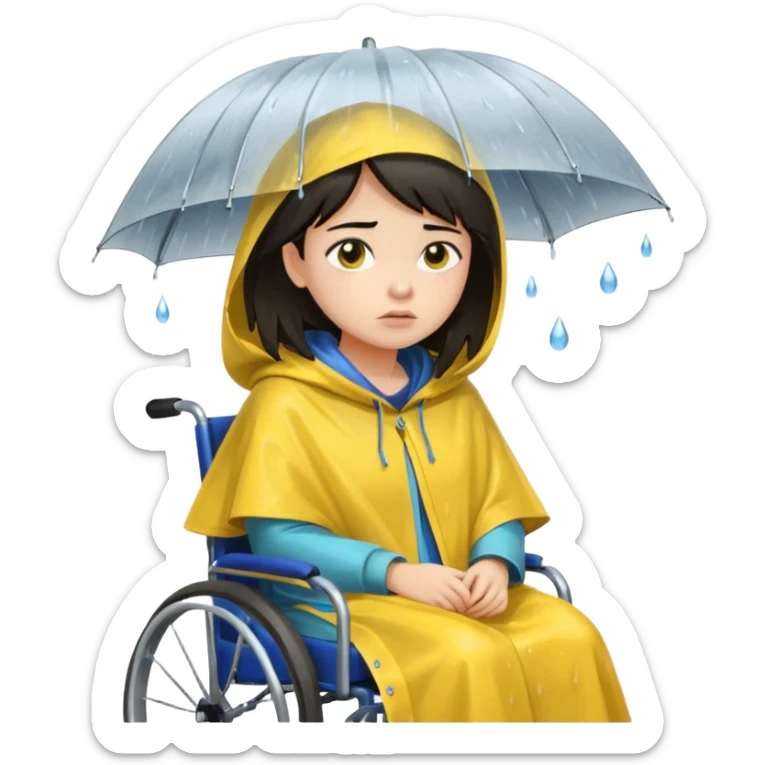 Girl with dark hair  in a wheelchair with rain poncho sad with rain storm  sticker