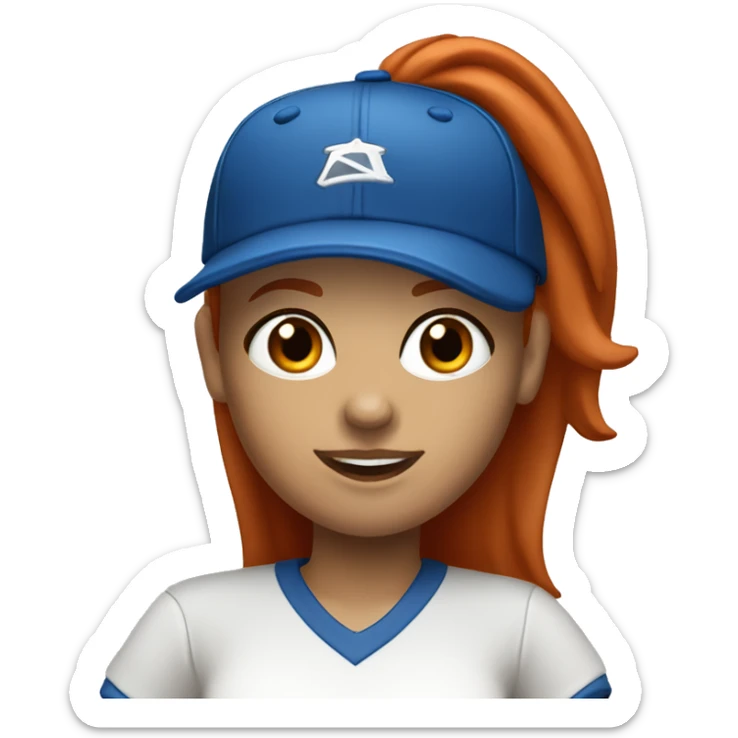standing up white female coach with long red hair in white t-shirt and with a simple blue baseball hat sticker