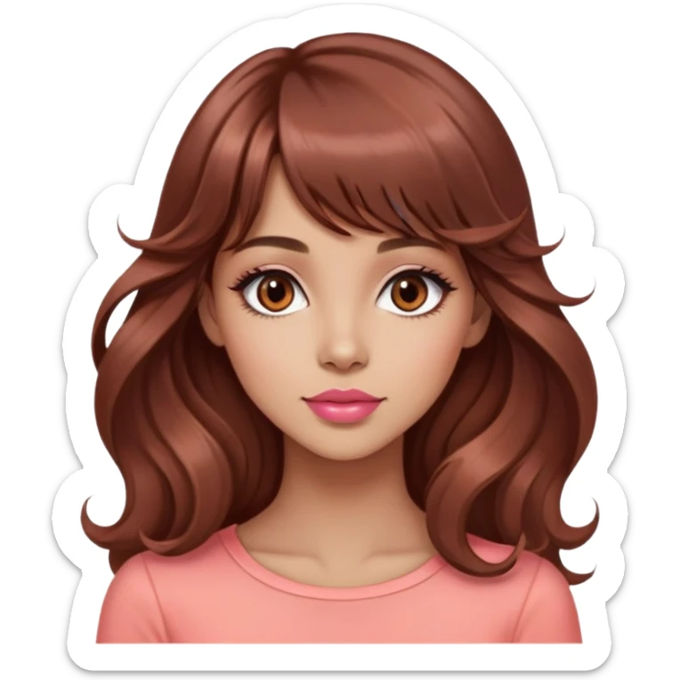 gorgeous woman, light tan skin, big dark brown eyes, very long wavy auburn hair, bangs, pink top, coral lipstick, side profile sticker