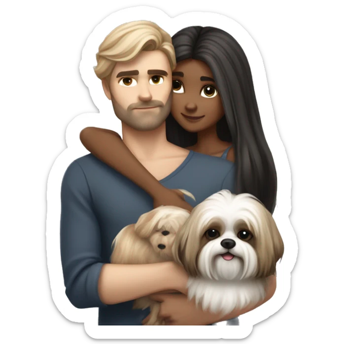 A couple, one very beautiful girl with very long volume hair brown and blond and one boy with perfect hair that hugs her and also hugs two little dogs shih tzu black and white sticker