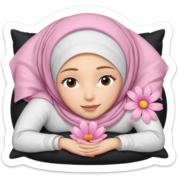 The image is a close-up selfie of a young woman wearing a white hijab. She is lying on her back with her head resting on a black pillow. She has a pink flower in her hair and is looking directly at the camera with a slight smile on her face sticker