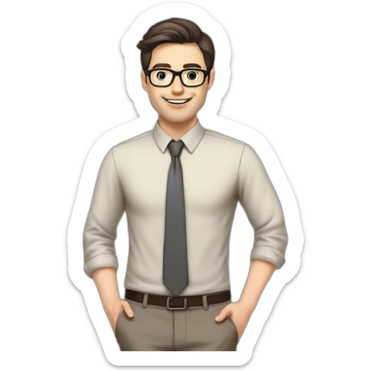 Pale skinned fit man with dark brown hair in gray jacket, beige office shirt, brown tie, brown pants and vintage glasses Writing on the marker board sticker